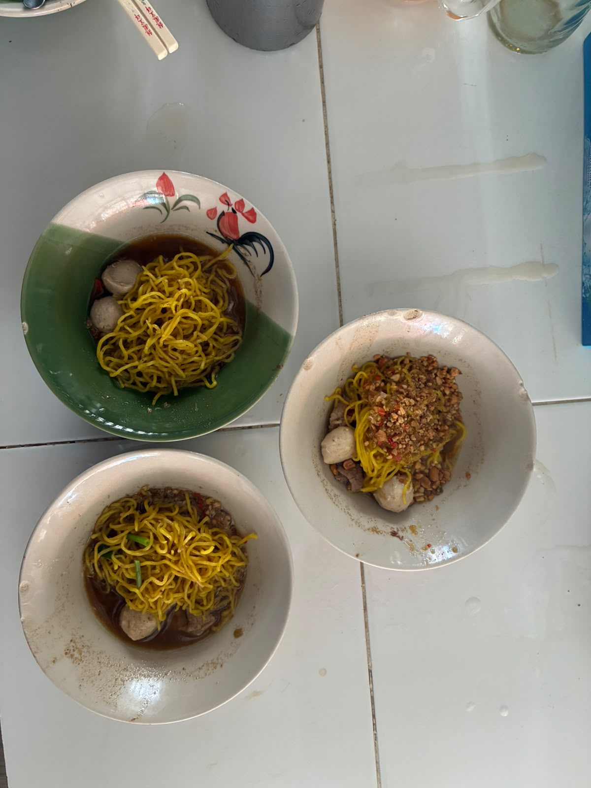 Three small bowls of boat noodles at Pa Lek, Ayutthaya